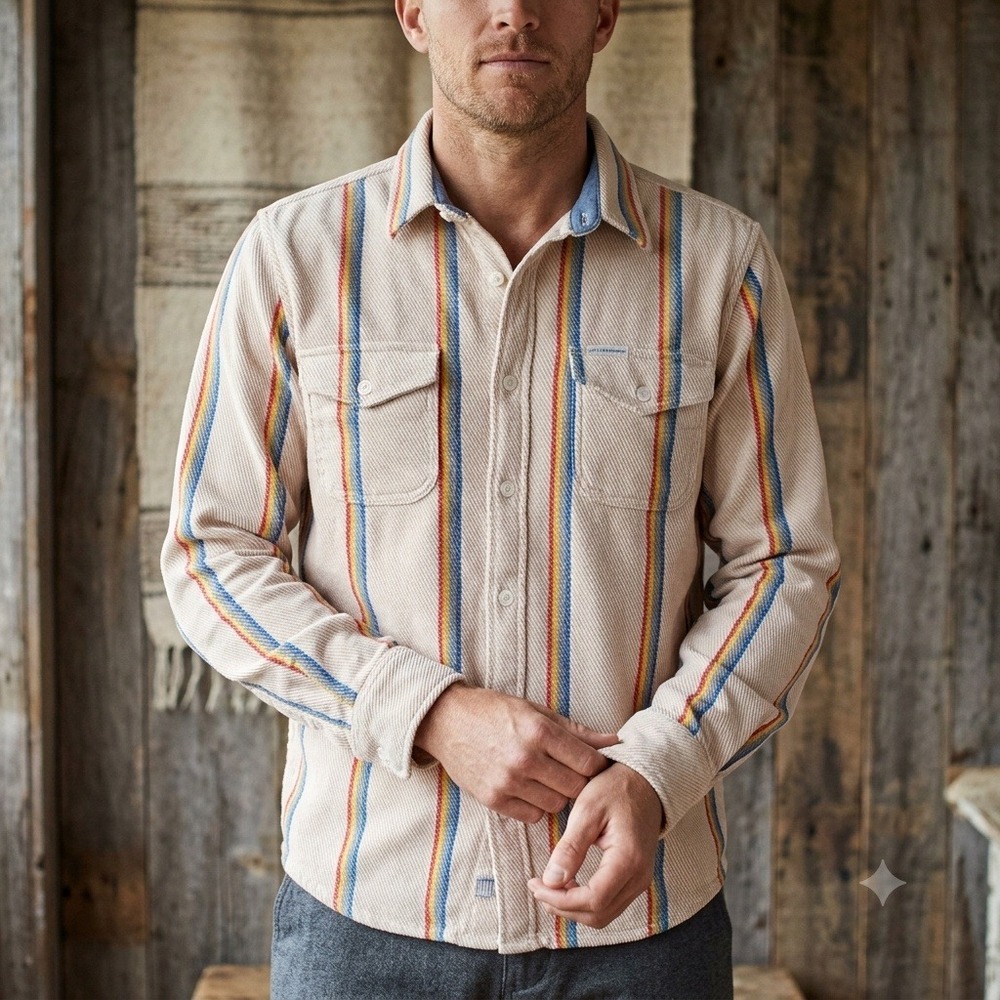 Outerknown Blanket Shirt Men M Cream Multi Color Rainbow Stripe Organic Cotton